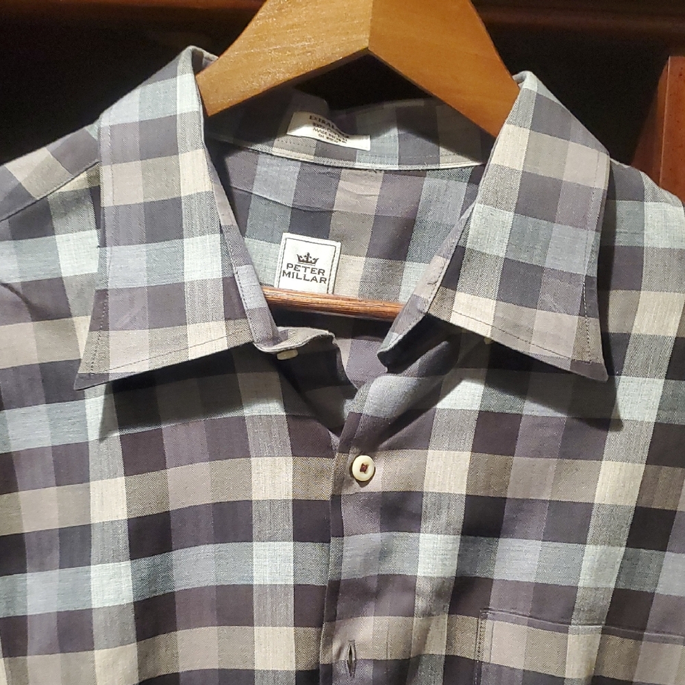 Peter Millar Men's Navy and Light Blue Plaid Shirt